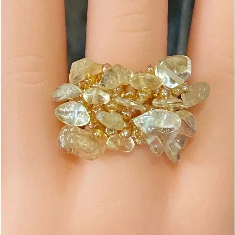 Gold Golden Handmade Seed Bead and Stone Chips Stretch Ring